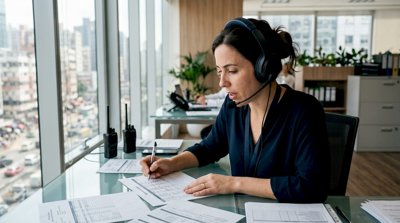 Logistics dispatcher coordinating fleet movements at desk