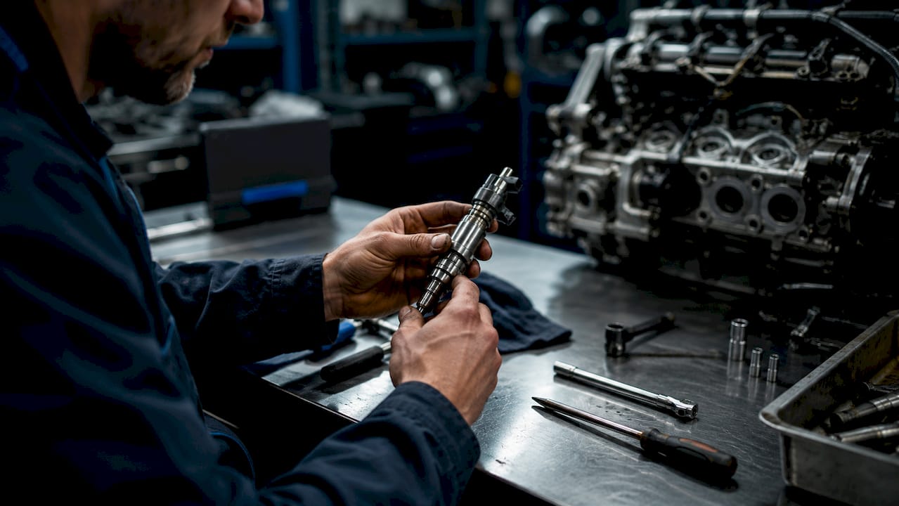 Mechanic hands holding diesel fuel injector in workshop