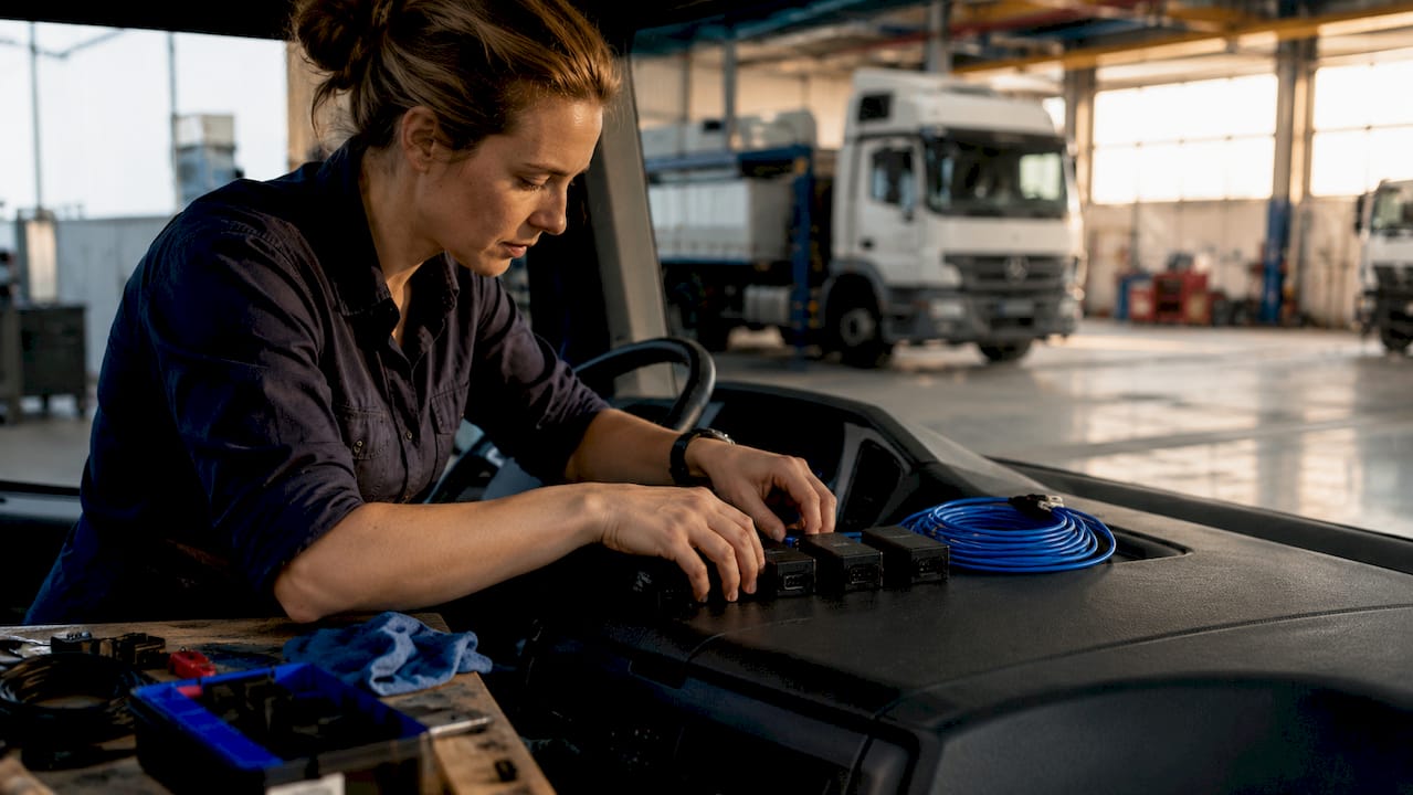 Technician fitting GPS devices in vehicle