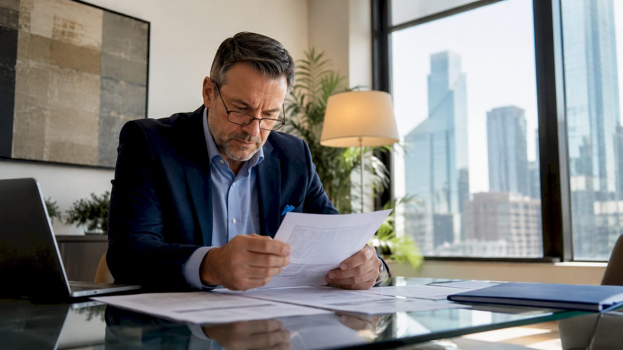 Fleet manager reviewing compliance documents at desk