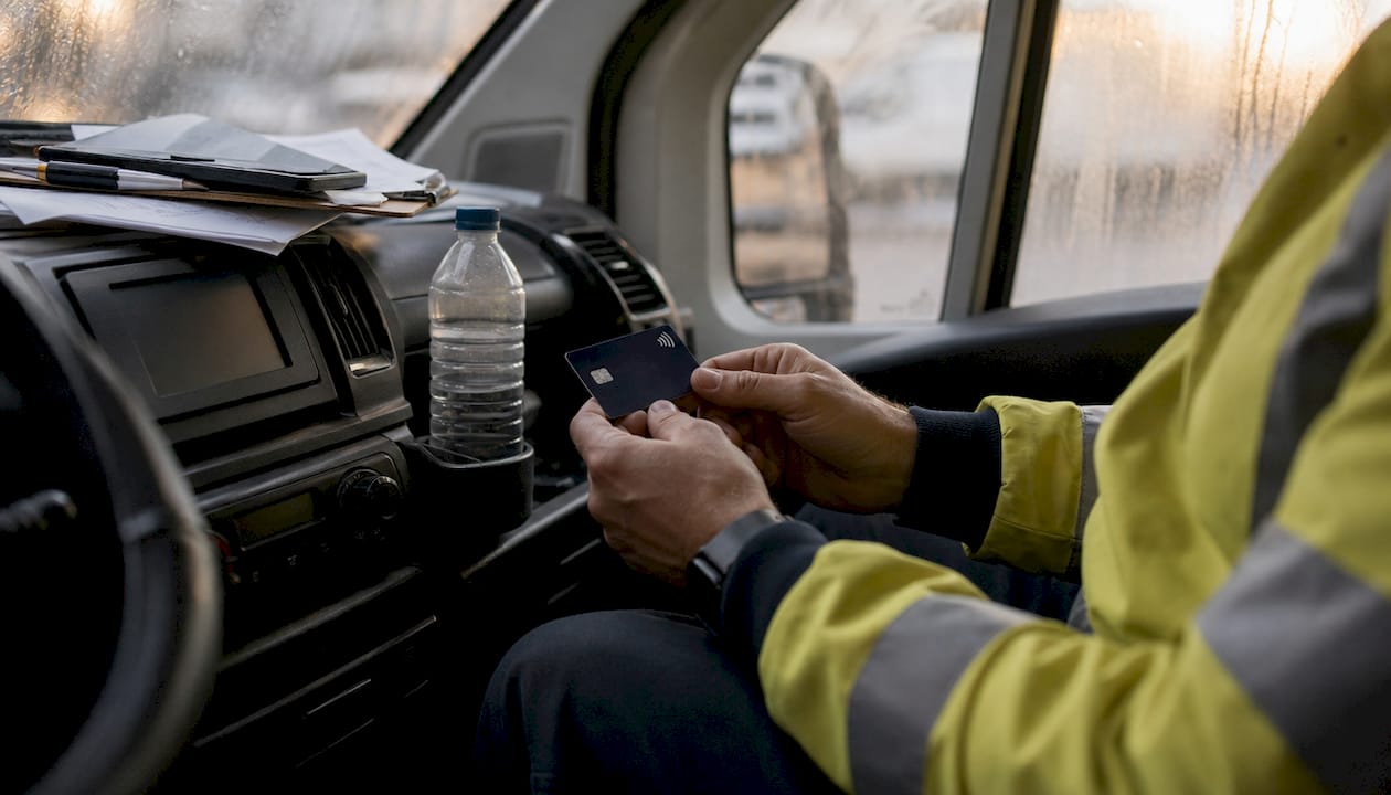 Driver using digital expense card inside truck cabin