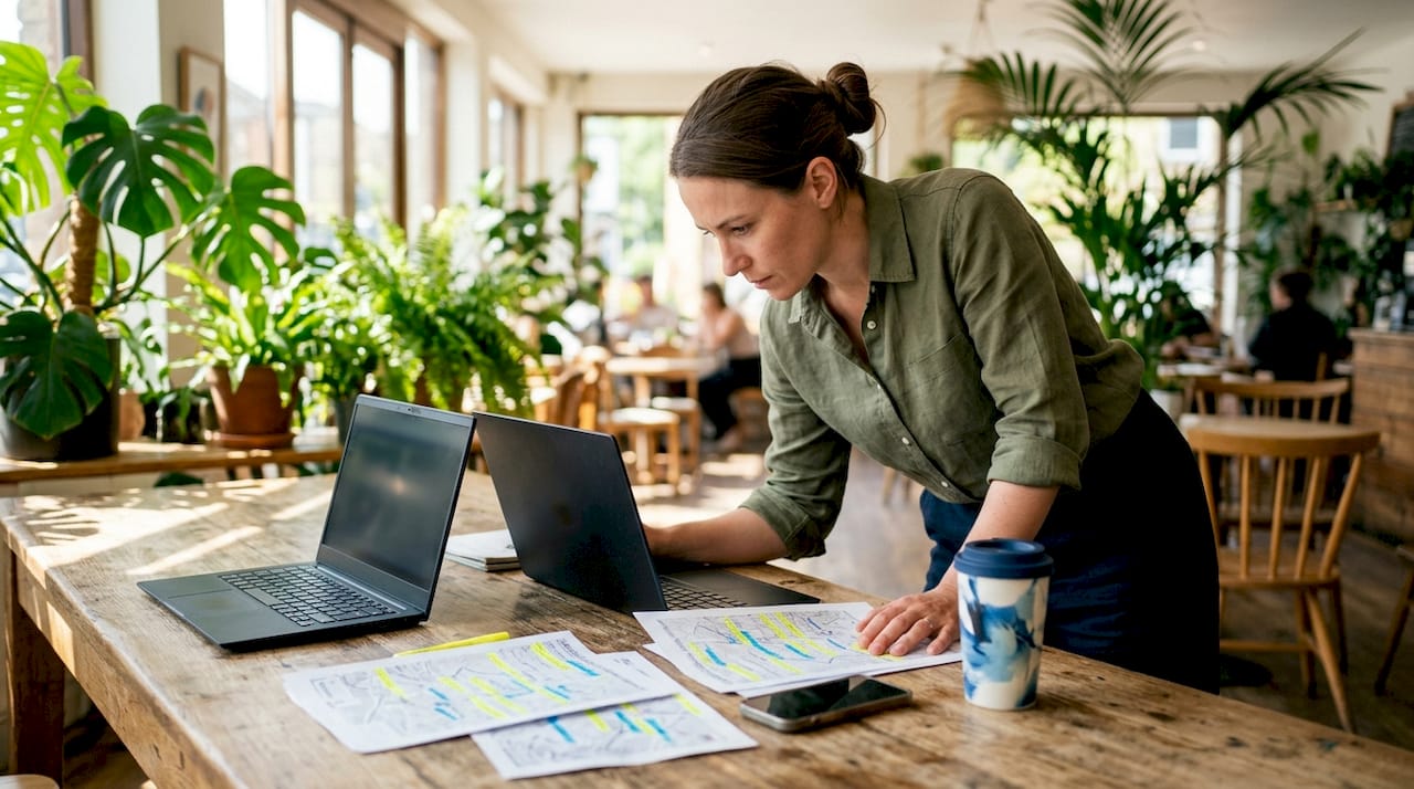 Fleet manager at desk with laptops and paperwork