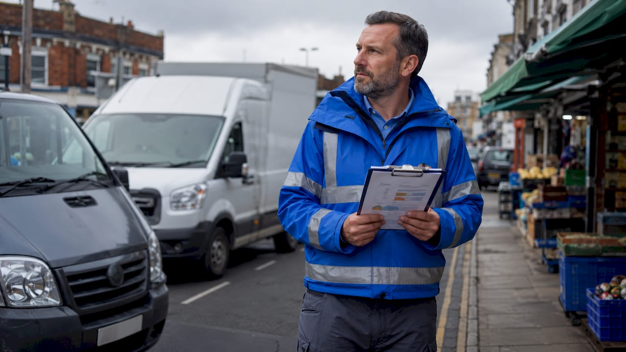 Fleet manager reviewing vehicle depreciation outside