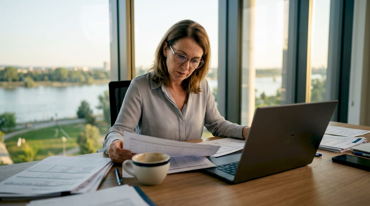 Logistics manager reviewing dispatch schedules at desk