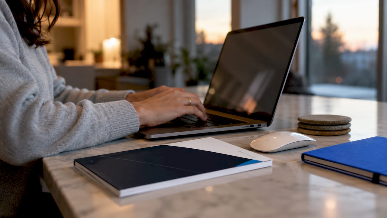 Close-up of hands typing on laptop in fleet office