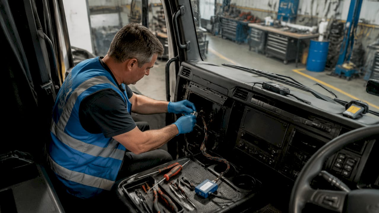 Technician installing telematics fuel sensor in HGV