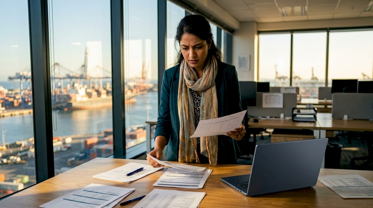 Logistics manager using AI freight system in office