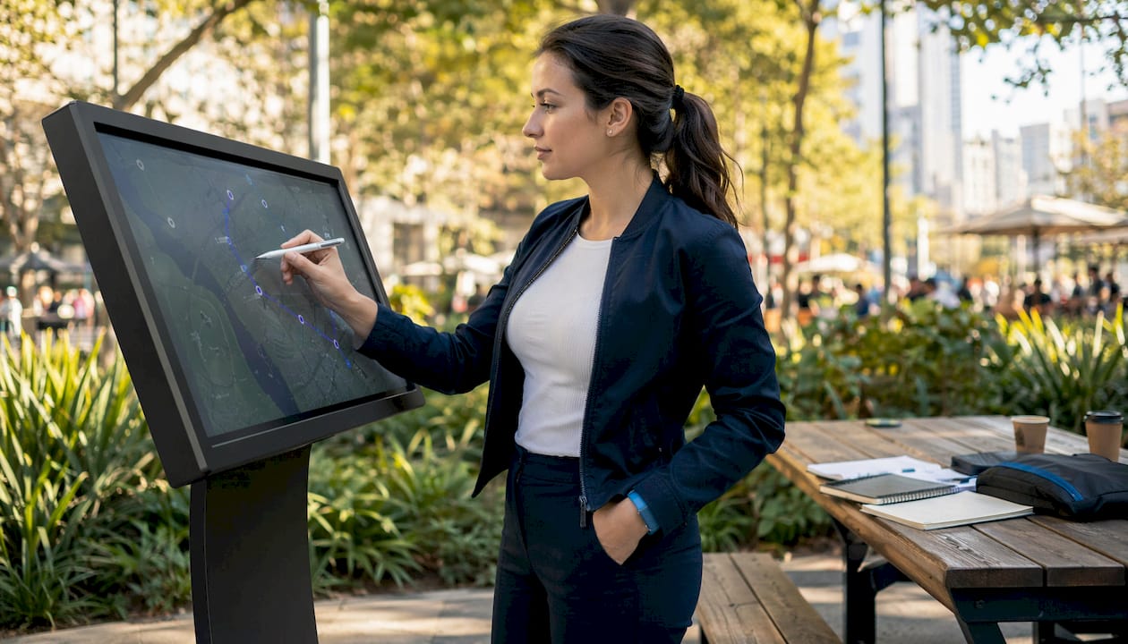 Supervisor pointing at route optimisation on touchscreen