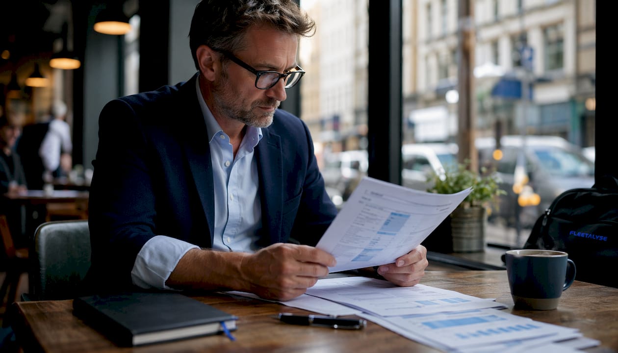 Fleet manager reviewing financial spreadsheets at desk