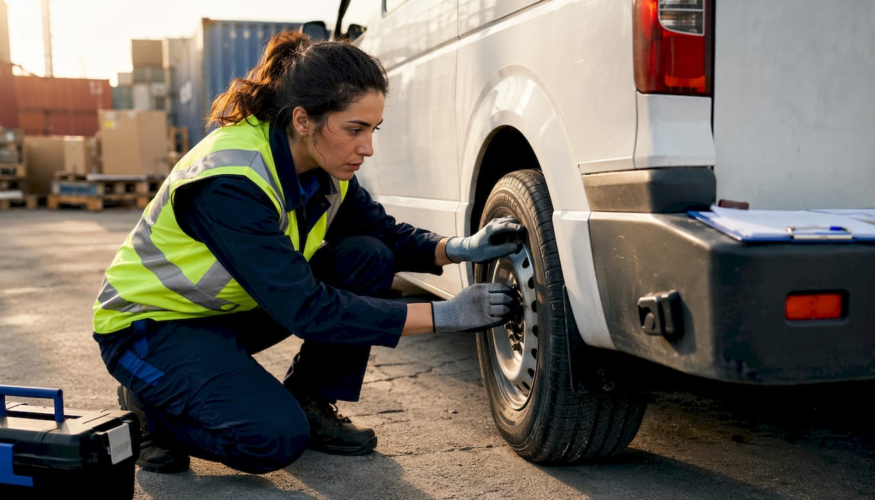 Driver performing walkaround tire check in loading bay