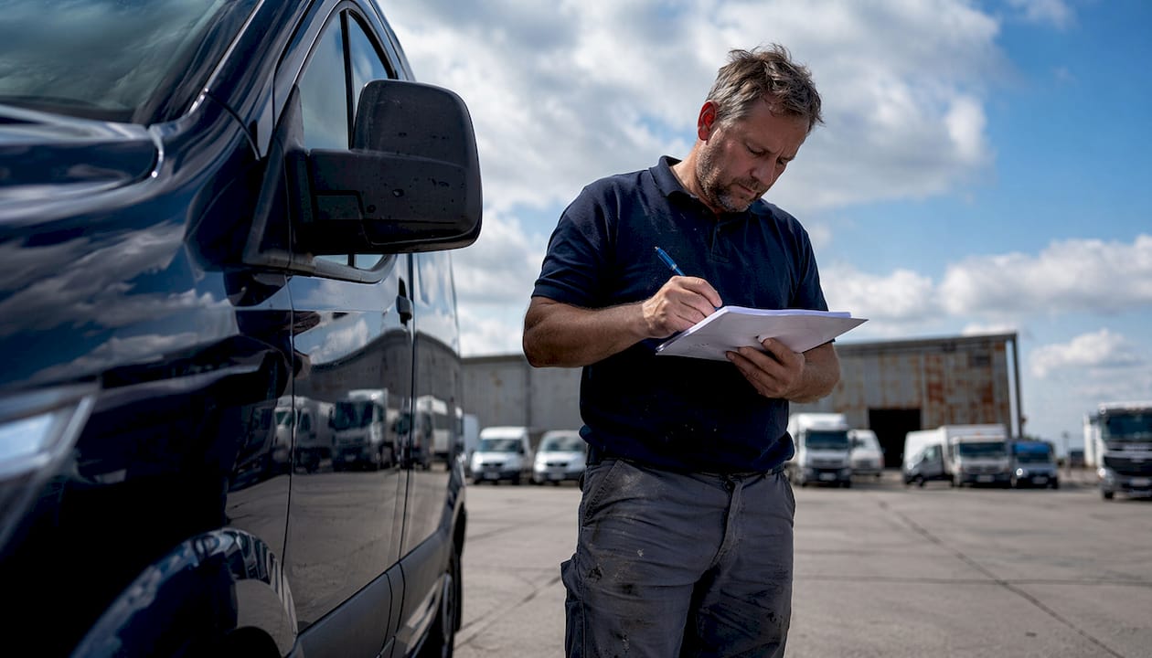 Fleet manager inspecting vehicle with checklist outdoors
