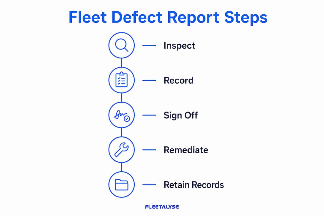 Infographic illustrating fleet defect reporting steps
