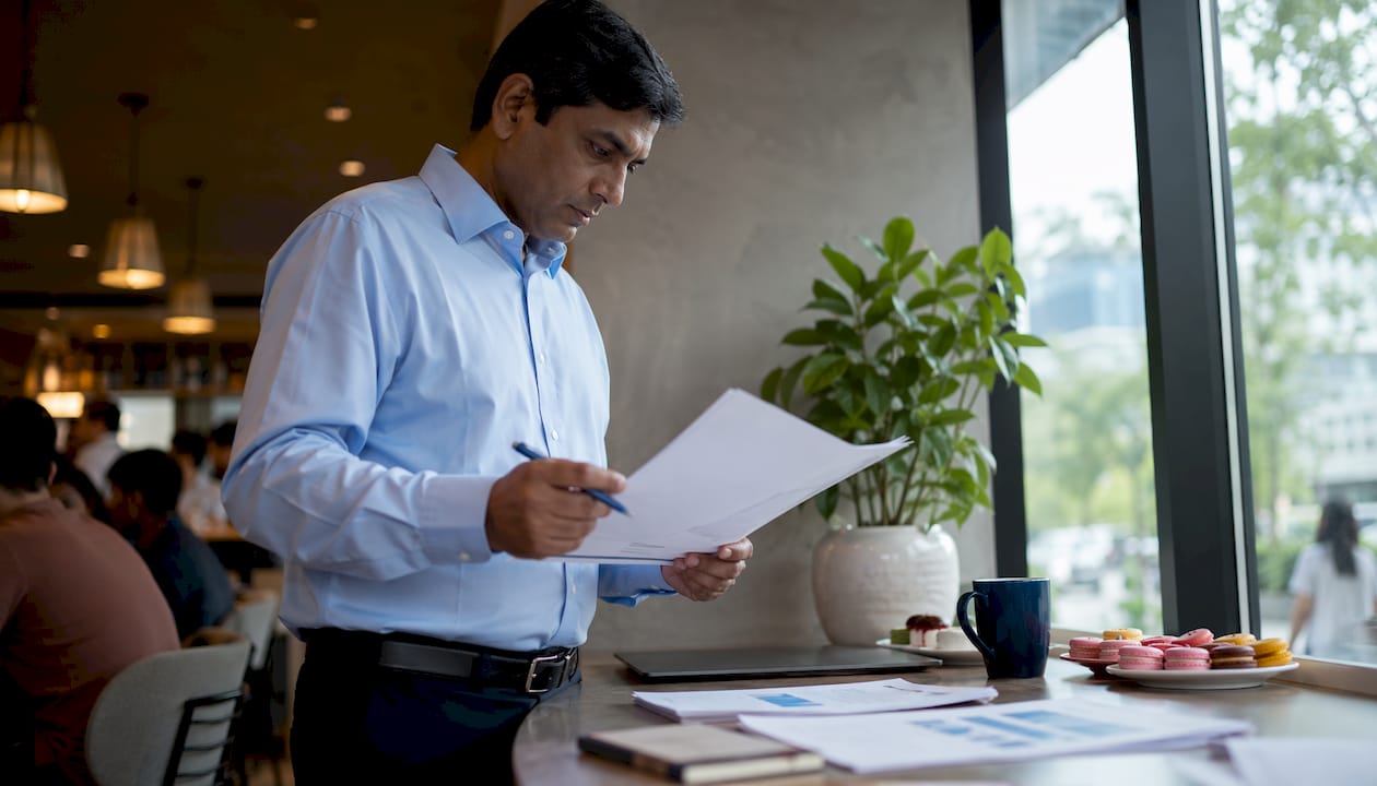 Man reviewing AI reports at home office