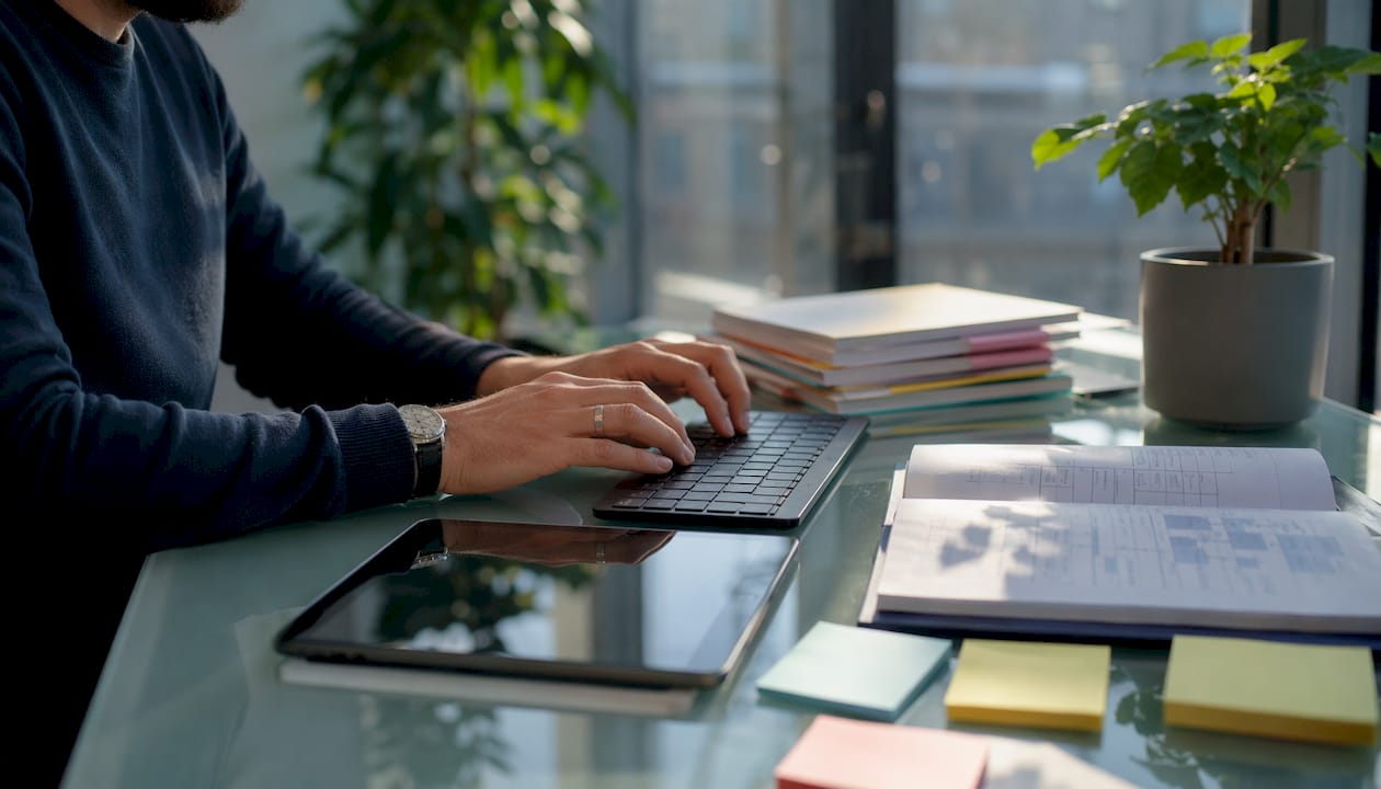 Hands typing on keyboard with integration documents