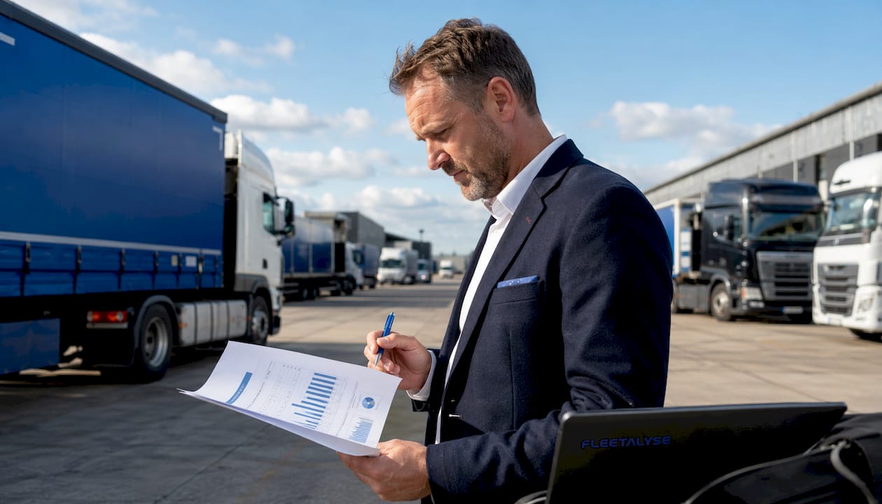 Logistics manager reviewing fleet report indoors