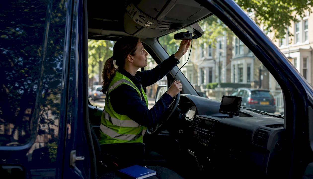 Hands adjusting AI dashcam in van cabin