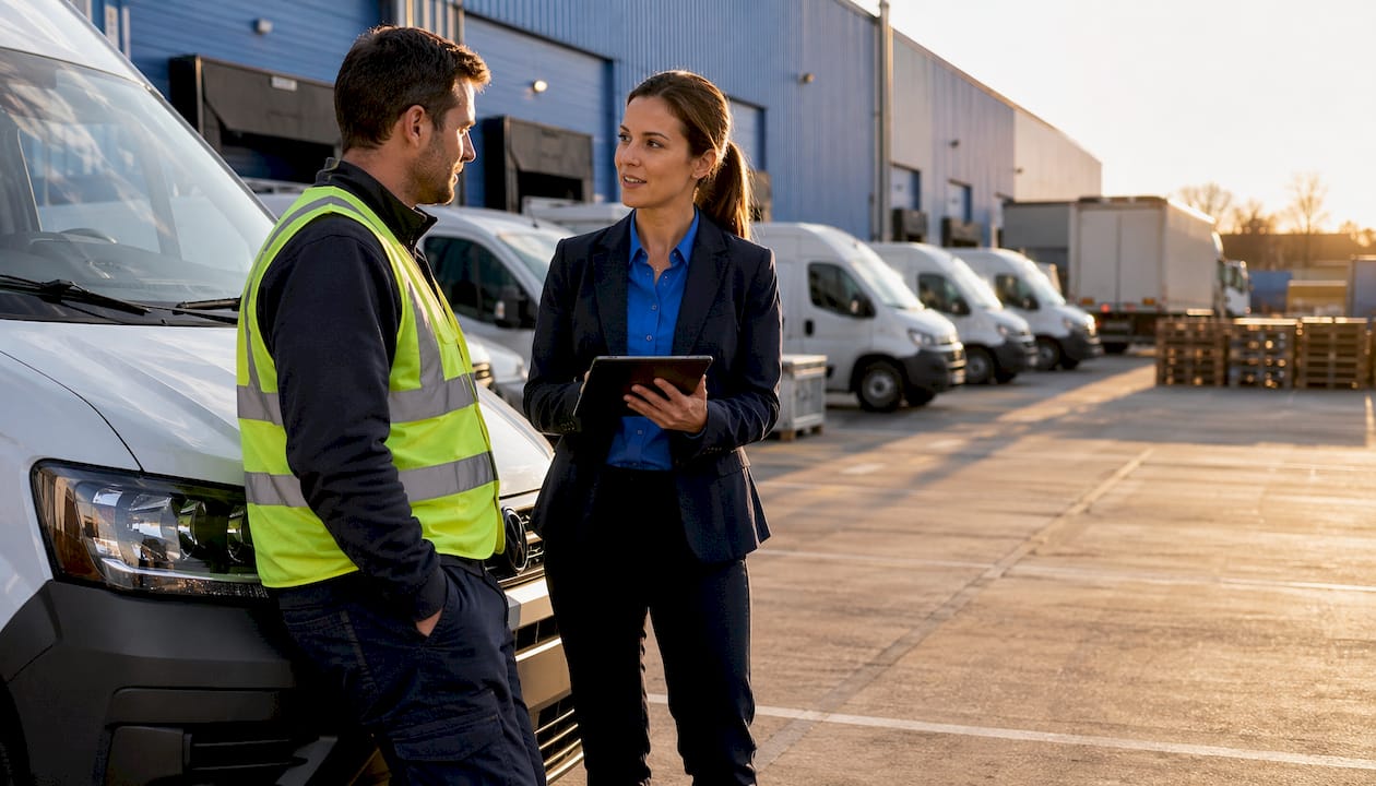 Fleet supervisor coaching driver beside delivery van