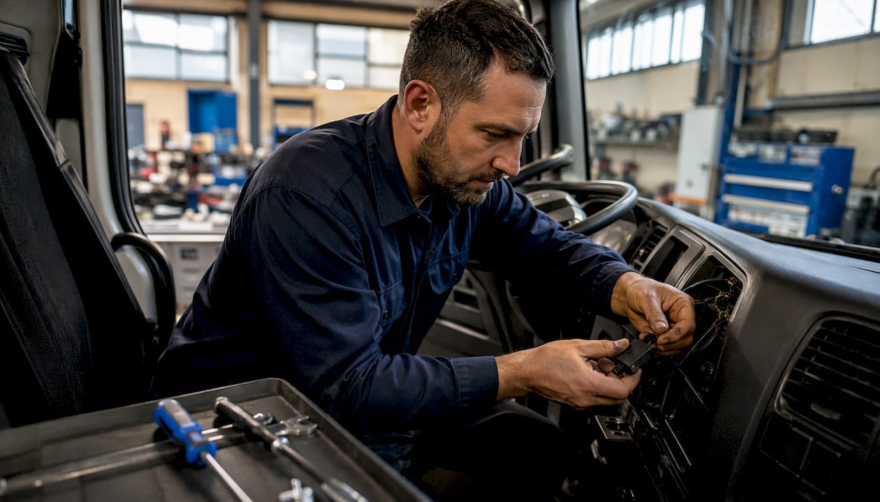 Hands installing telematics GPS device in truck cab