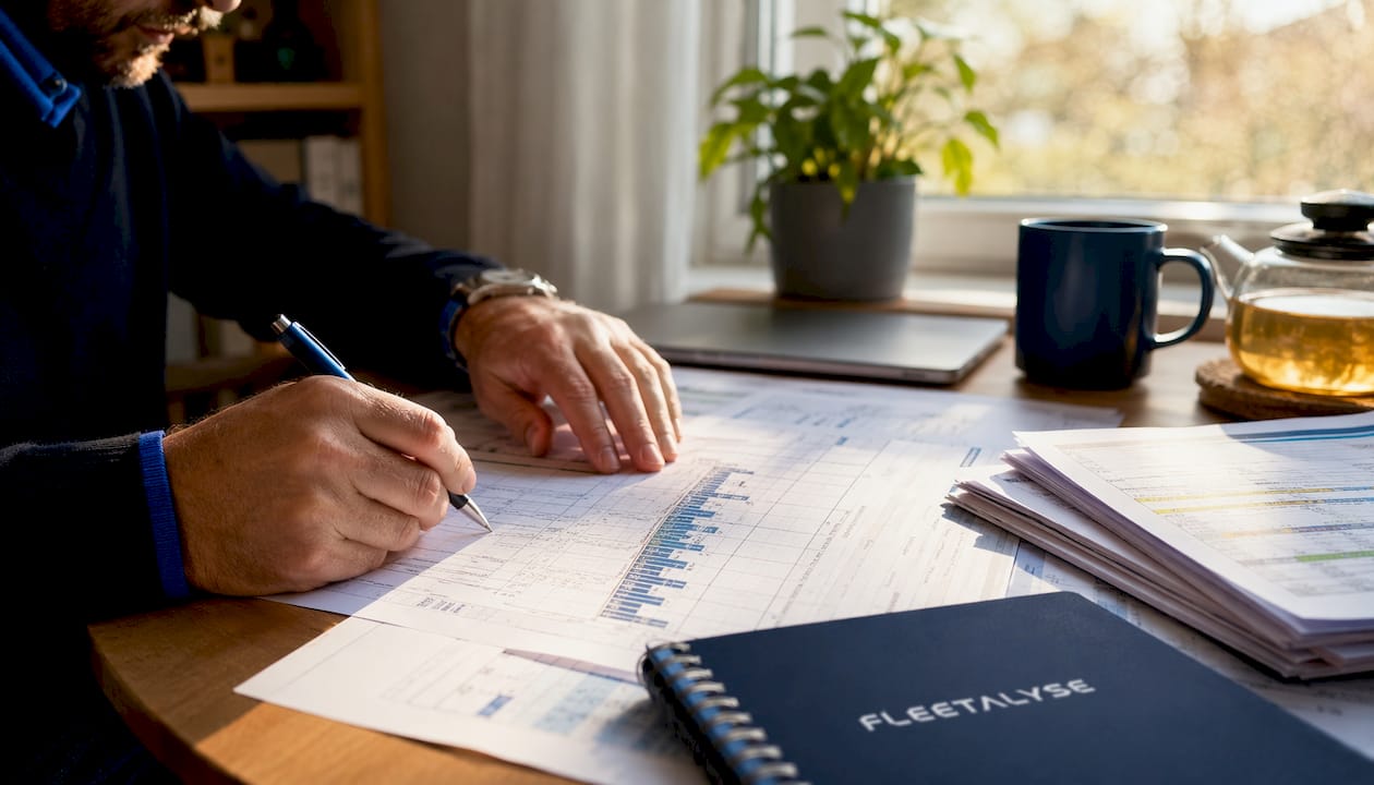 Hands annotating fleet compliance data documents