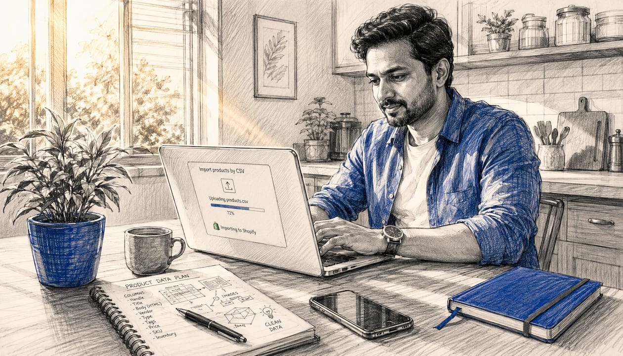 Person uploading product CSV in home office