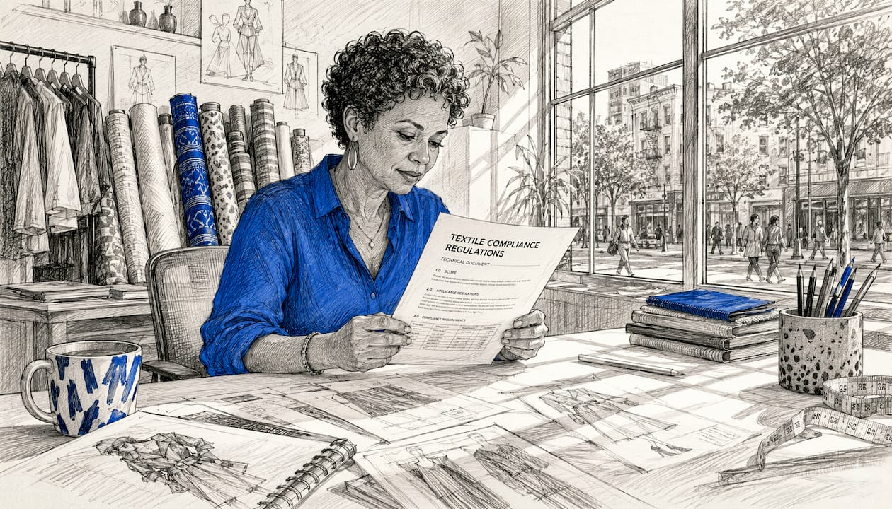 Woman reviewing fashion compliance documents at desk