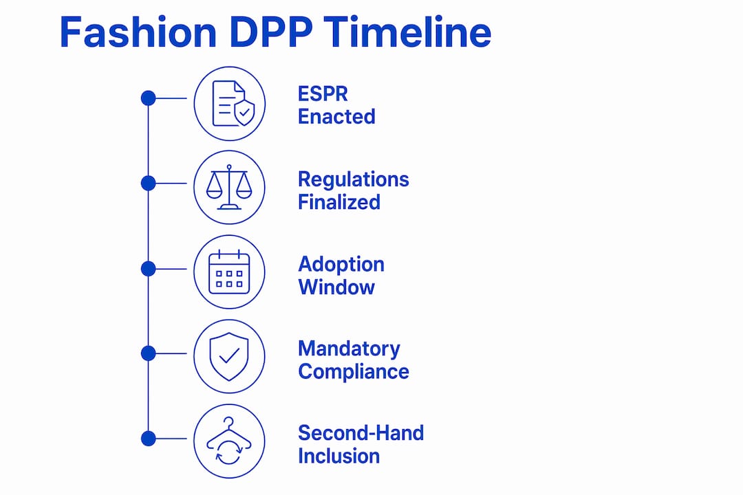 Infographic showing timeline of EU fashion digital product passport regulations