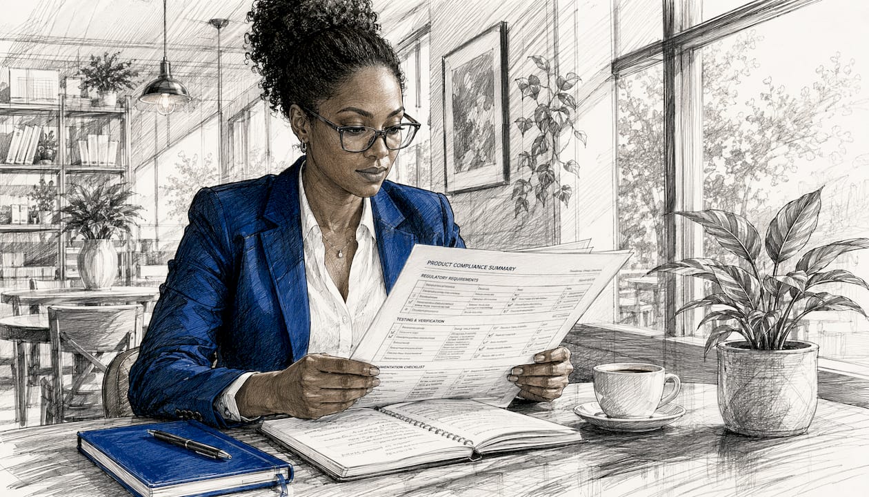 Woman reviewing fashion compliance documents in office