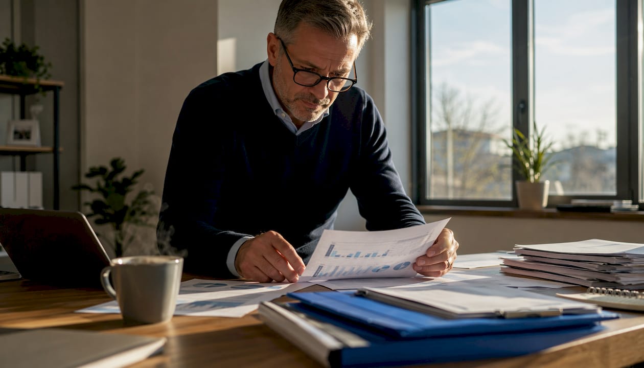 Fleet manager reviewing telematics brochures