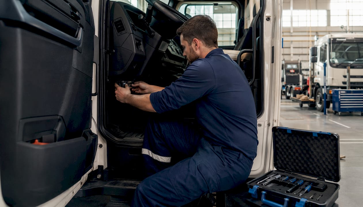 Technician installing telematics hardware in van
