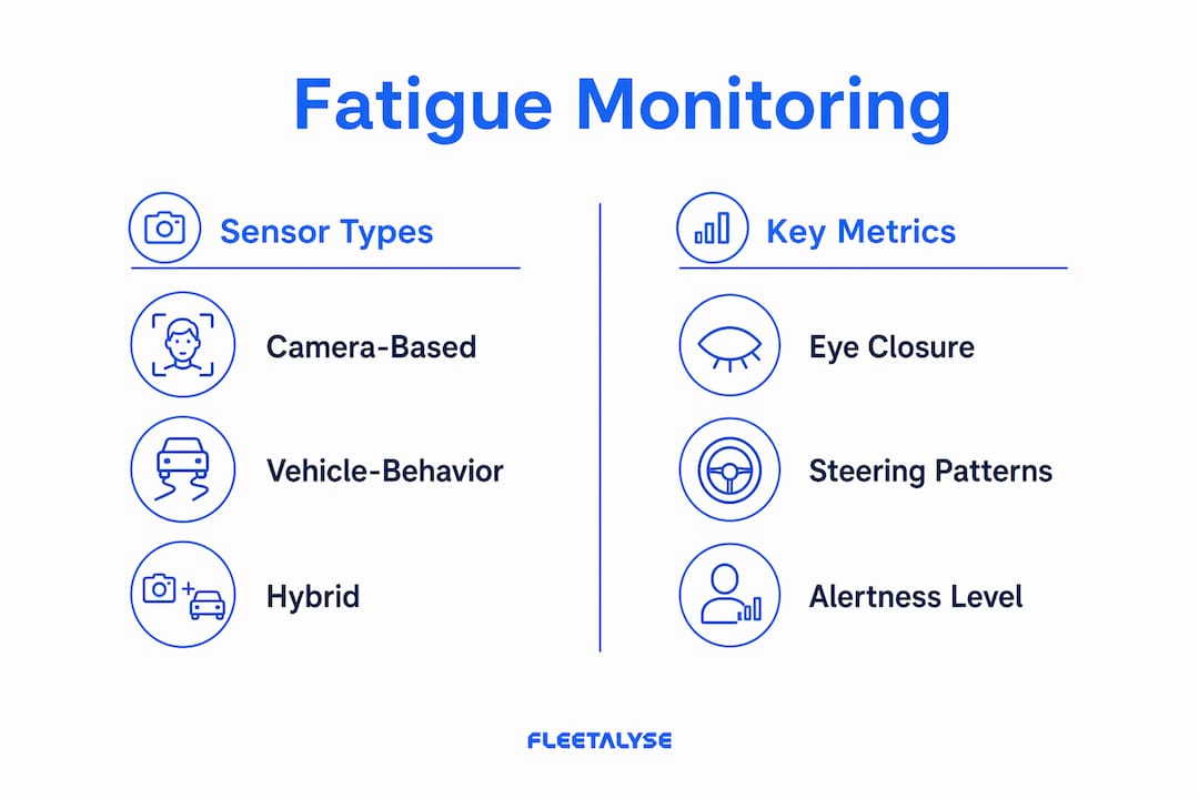 Infographic comparing fatigue monitoring sensor types and metrics