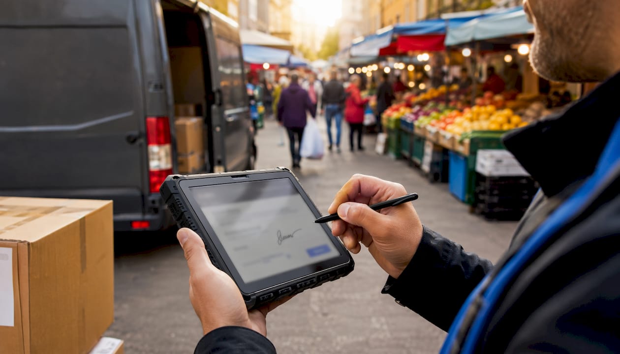 Hands signing electronic proof of delivery on tablet