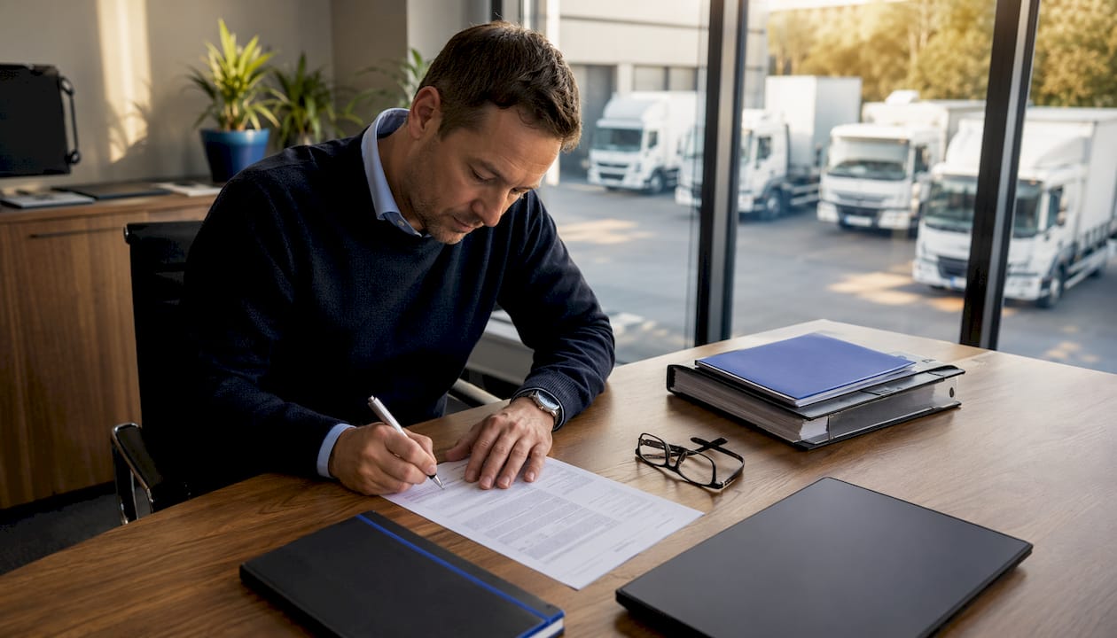 Fleet operator signing vehicle purchase invoice