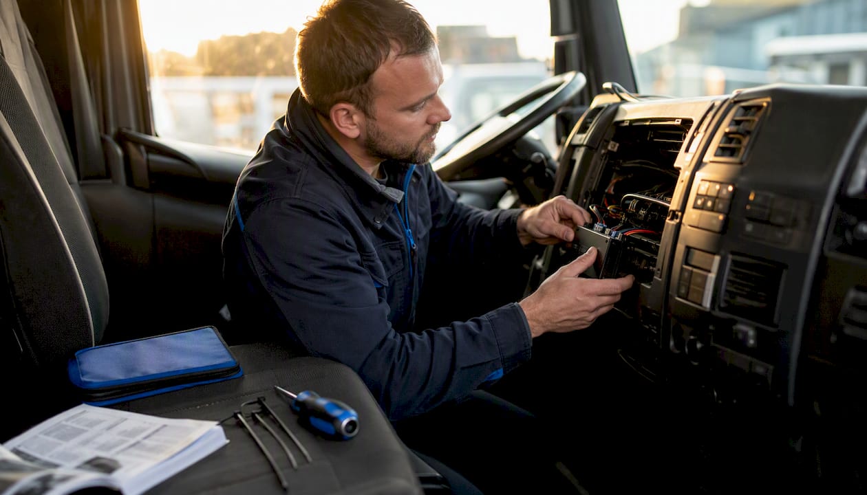Technician installing FMS/CAN gateway inside HGV cab