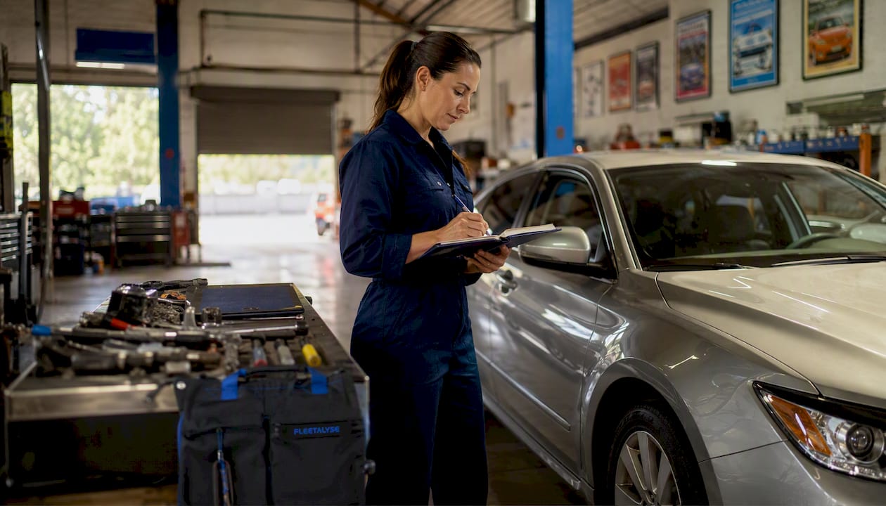 Mechanic checking vehicle service booklet in garage
