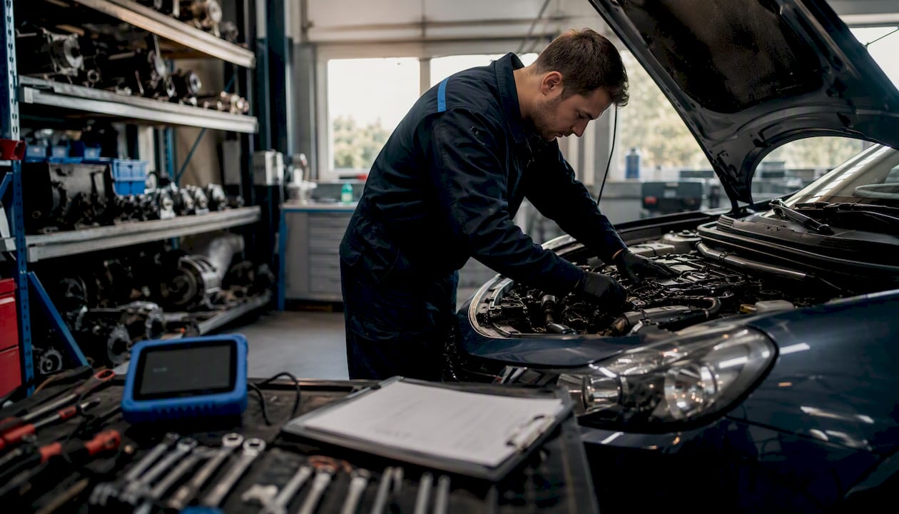 Technician inspecting car engine components closely