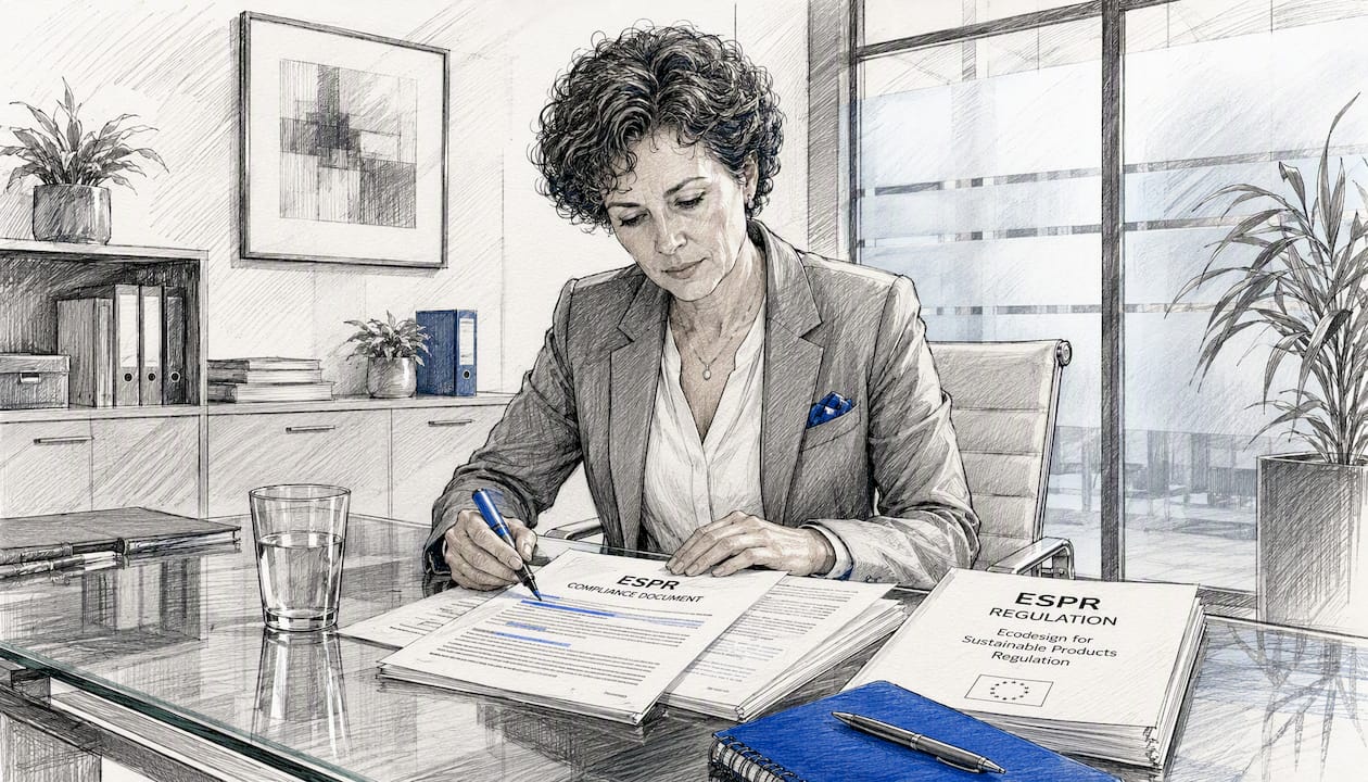 Woman reviewing regulation documents at desk
