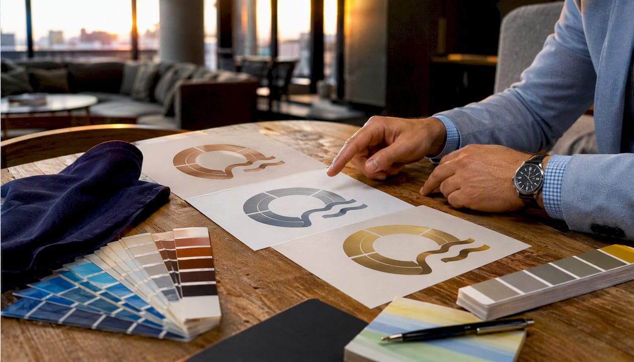 Hands pointing at FORS tier logos on table