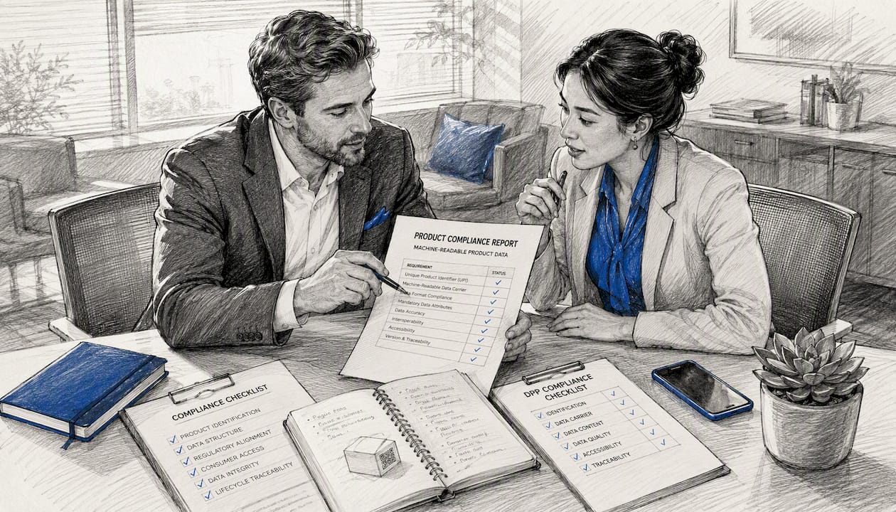 Two professionals reviewing product compliance report