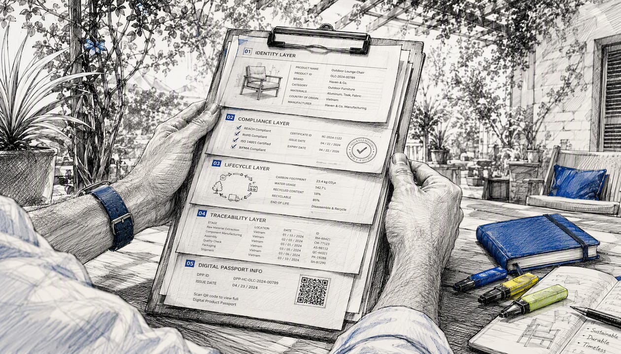 Hands holding layered product data sheets