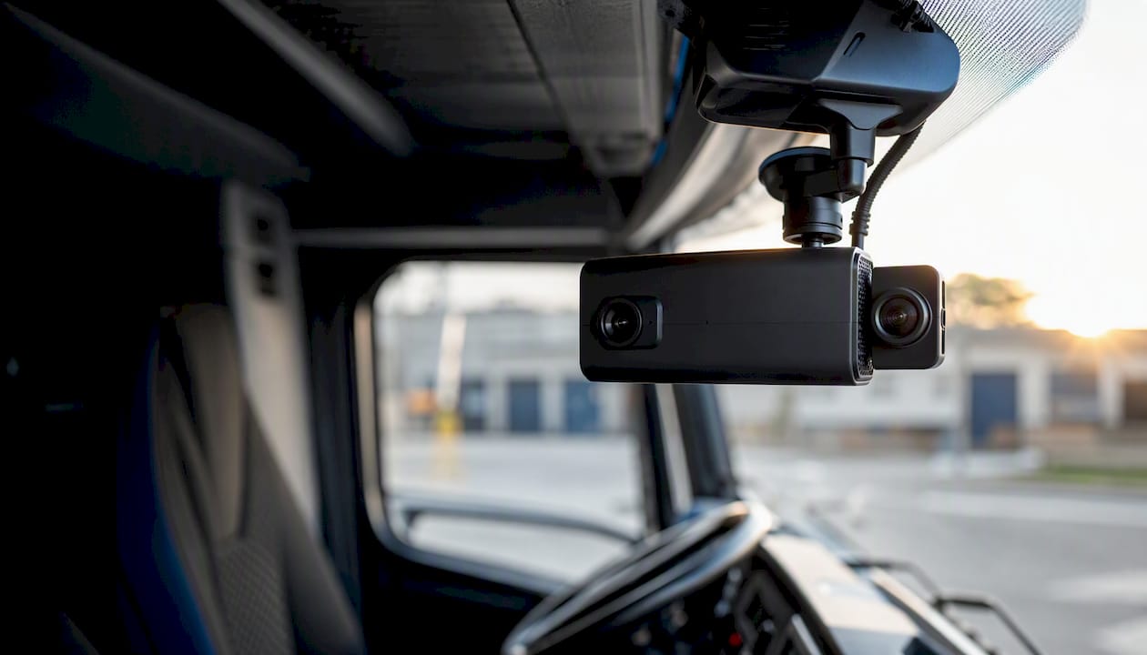 Dual-facing fleet dash cam inside vehicle cab