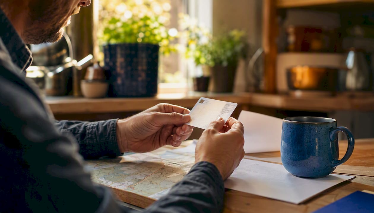 Hands holding tachograph card with UK traffic map