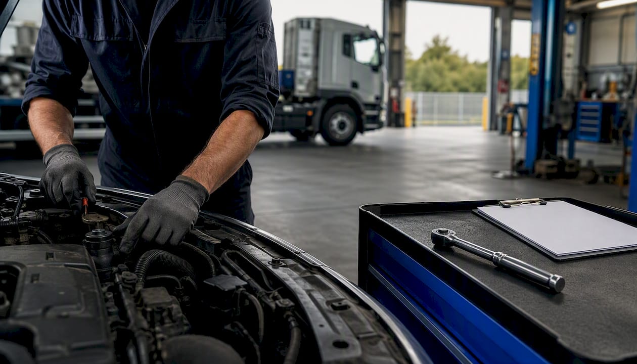 Mechanic inspecting vehicle component in depot