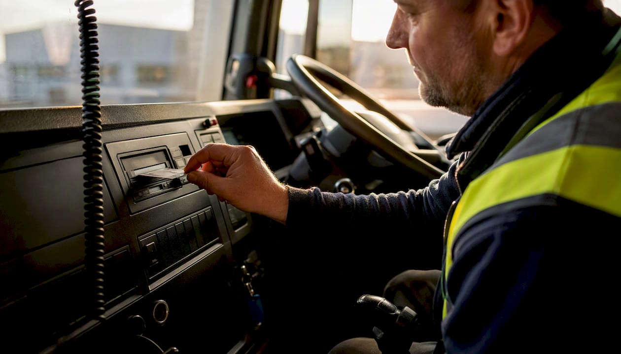 HGV driver inserting tachograph card in cab