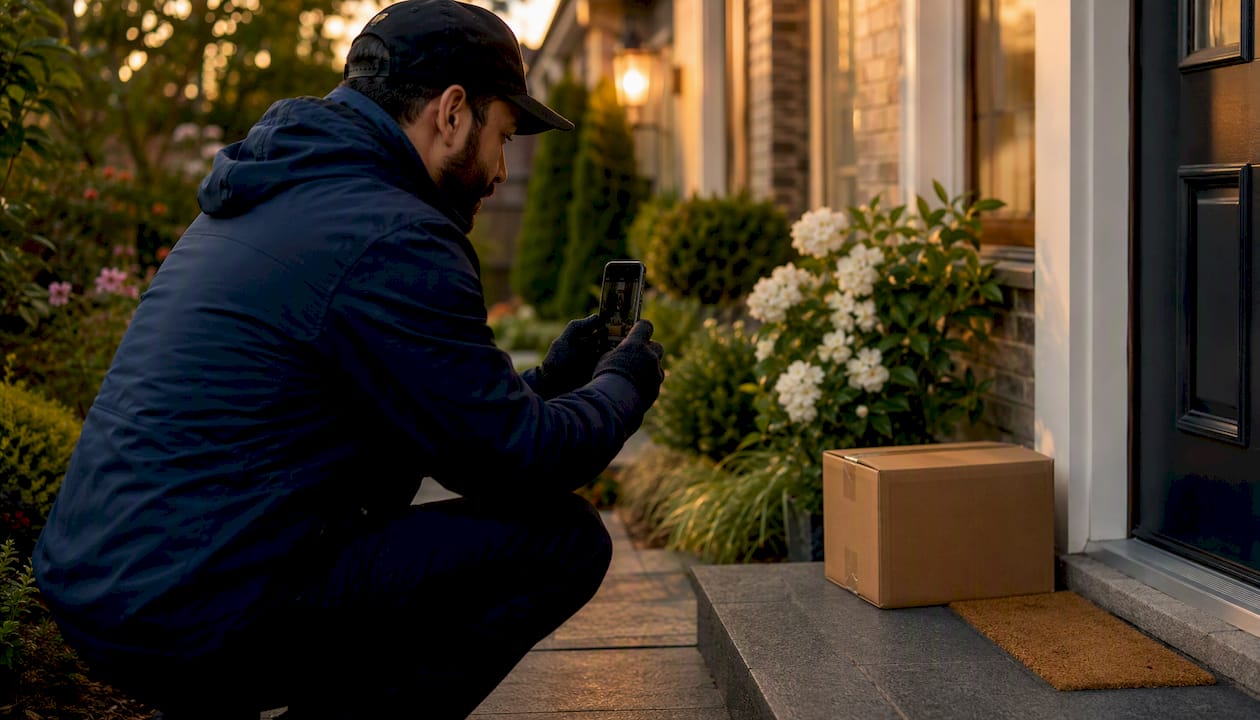 Driver taking photo of parcel at doorstep