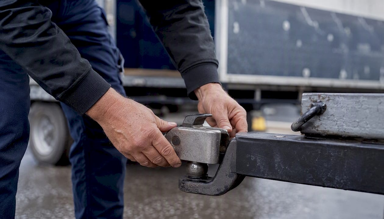 Hands fitting coupler lock onto trailer hitch