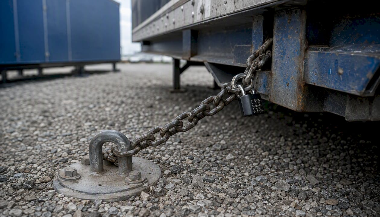 Ground anchor and chain securing trailer chassis
