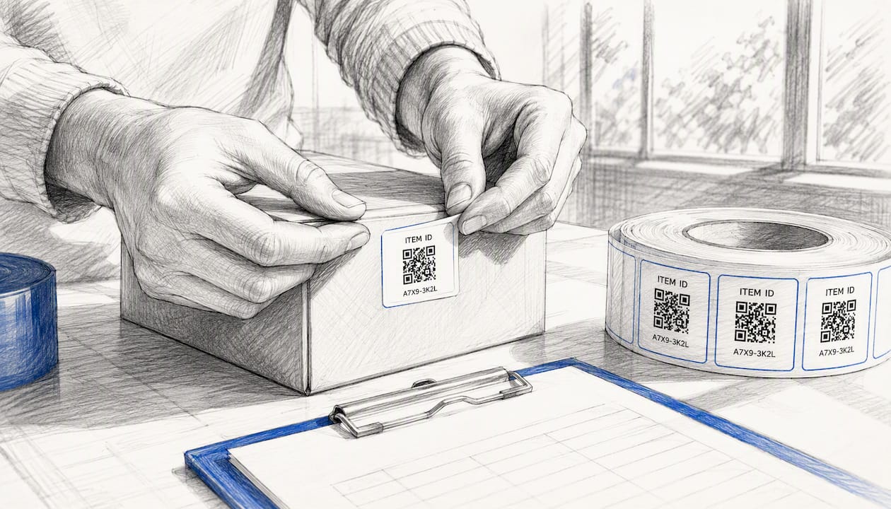 Hands attaching item-level identifier labels