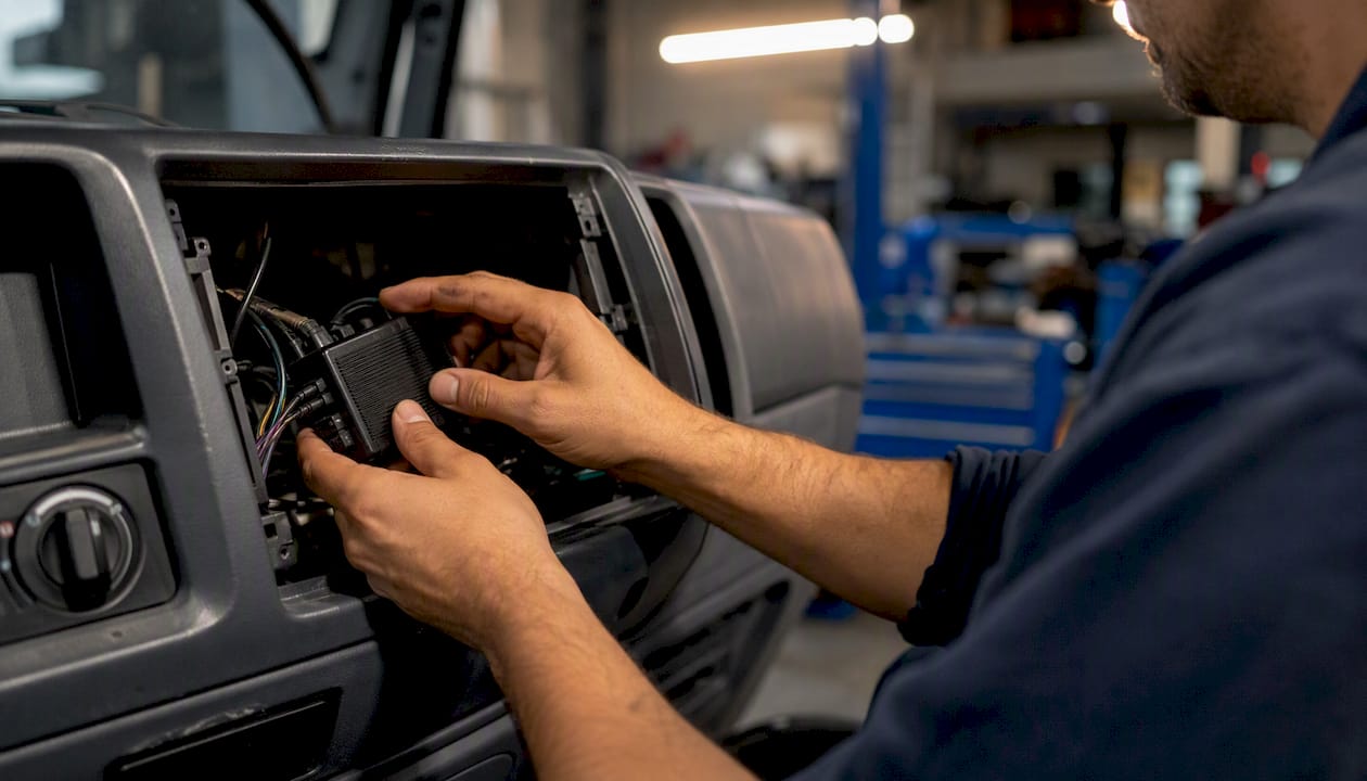 Hands calibrating telematics device in vehicle dashboard