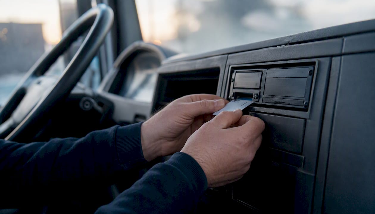 Hands inserting tachograph card in truck cab