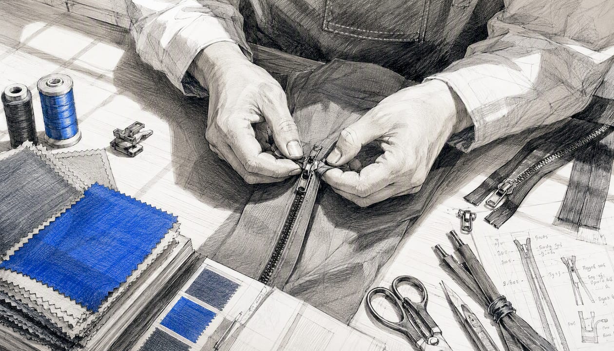 Hands assembling garment zipper close-up